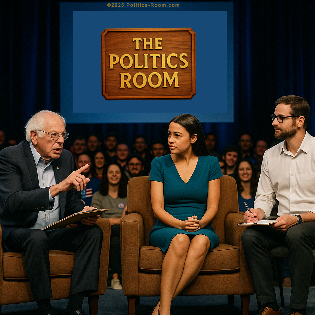 Dr. Marcus Bennett in 'Couch Room' studio with Alexandria Ocasio-Cortez and Bernie Sanders.