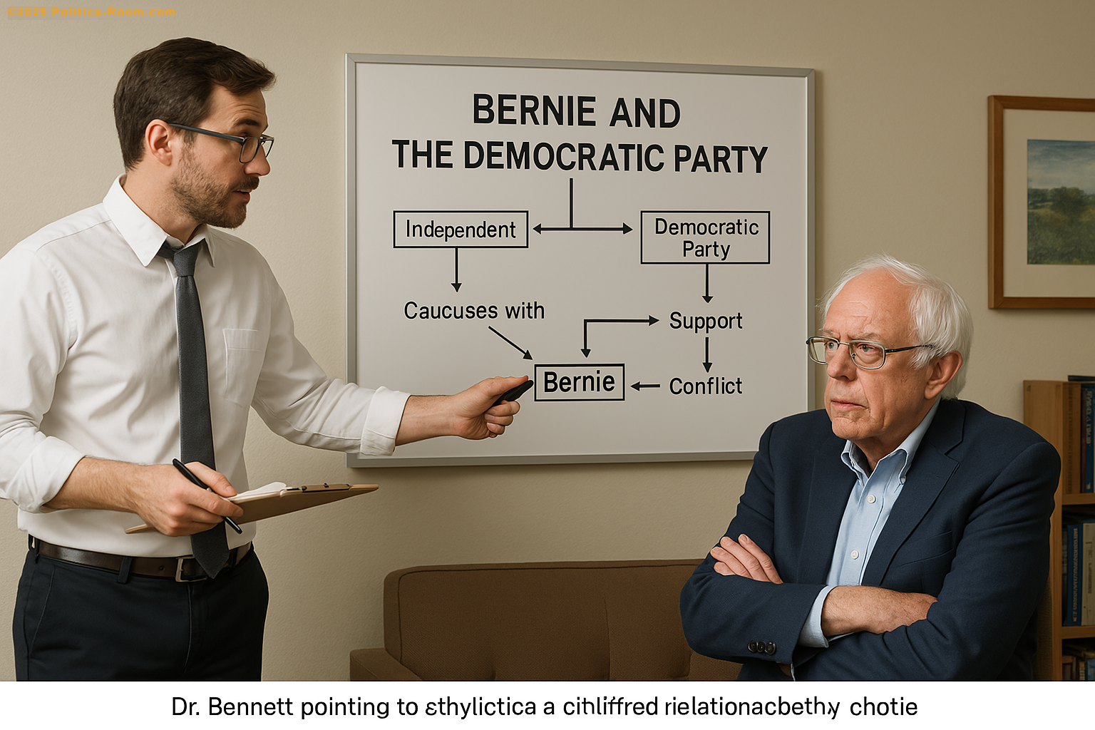 Dr. Bennett pointing to a chart showing the complicated relationship between Bernie and the Democratic Party