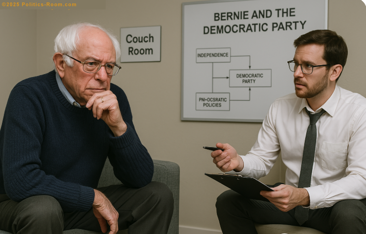 Bernie looking reflective as Dr. Bennett discusses the impact of his actions on the Democratic Party's future