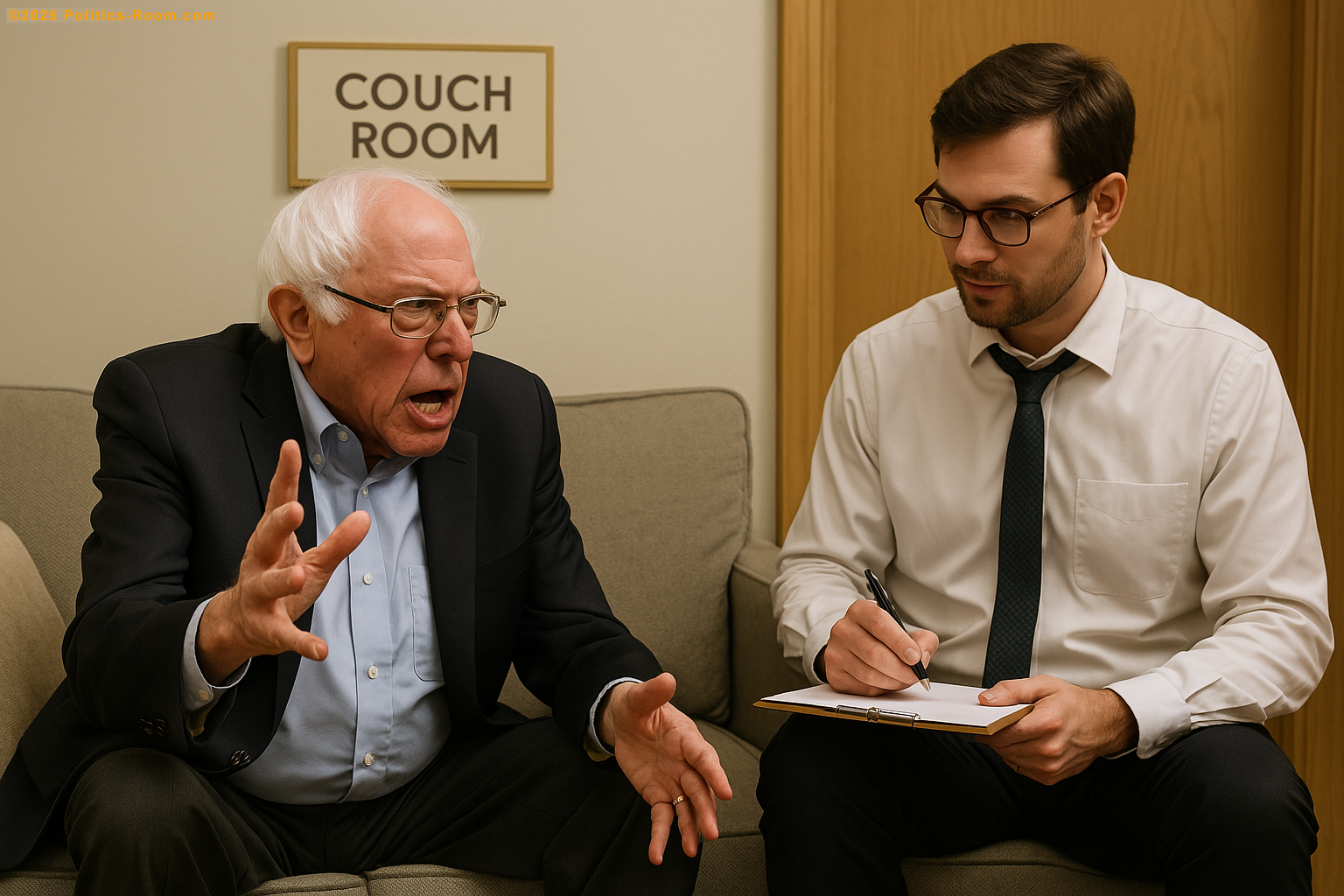 Bernie Sanders gesturing emphatically while sitting on the couch, Dr. Bennett taking notes