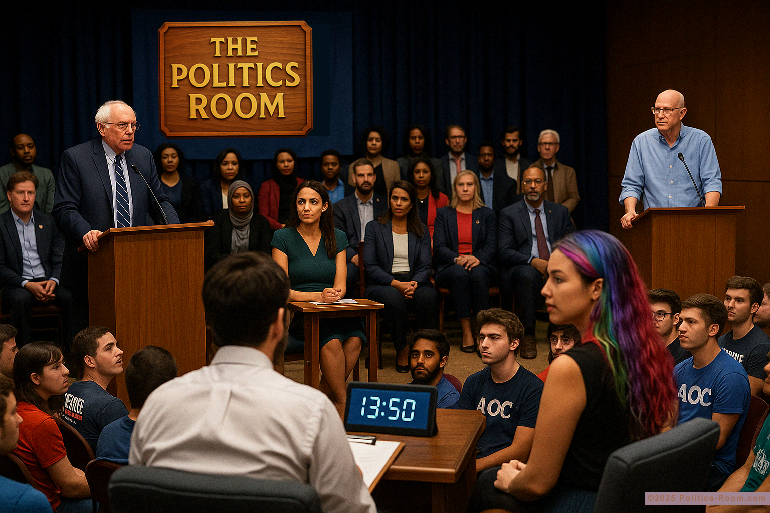 Dr. Marcus Bennett in 'Couch Room' studio with Alexandria Ocasio-Cortez and Bernie Sanders.