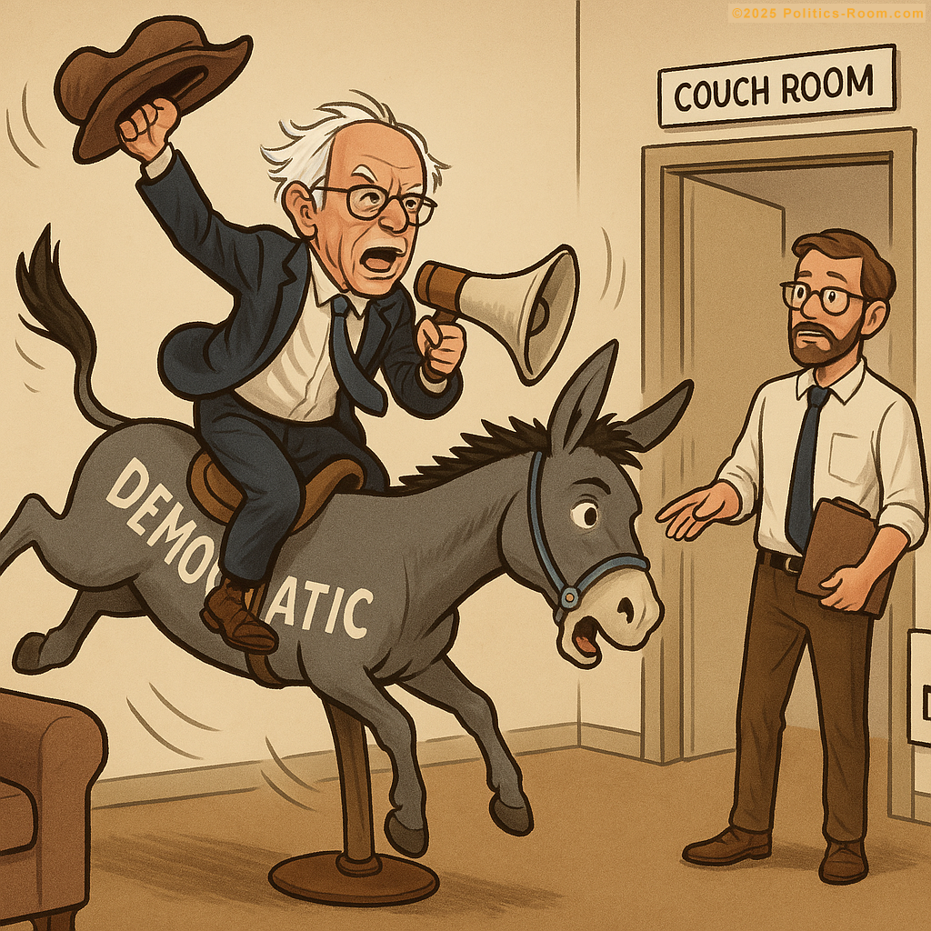 Visual metaphor showing Bernie riding the Democratic donkey like a rodeo cowboy as Dr. Bennett watches