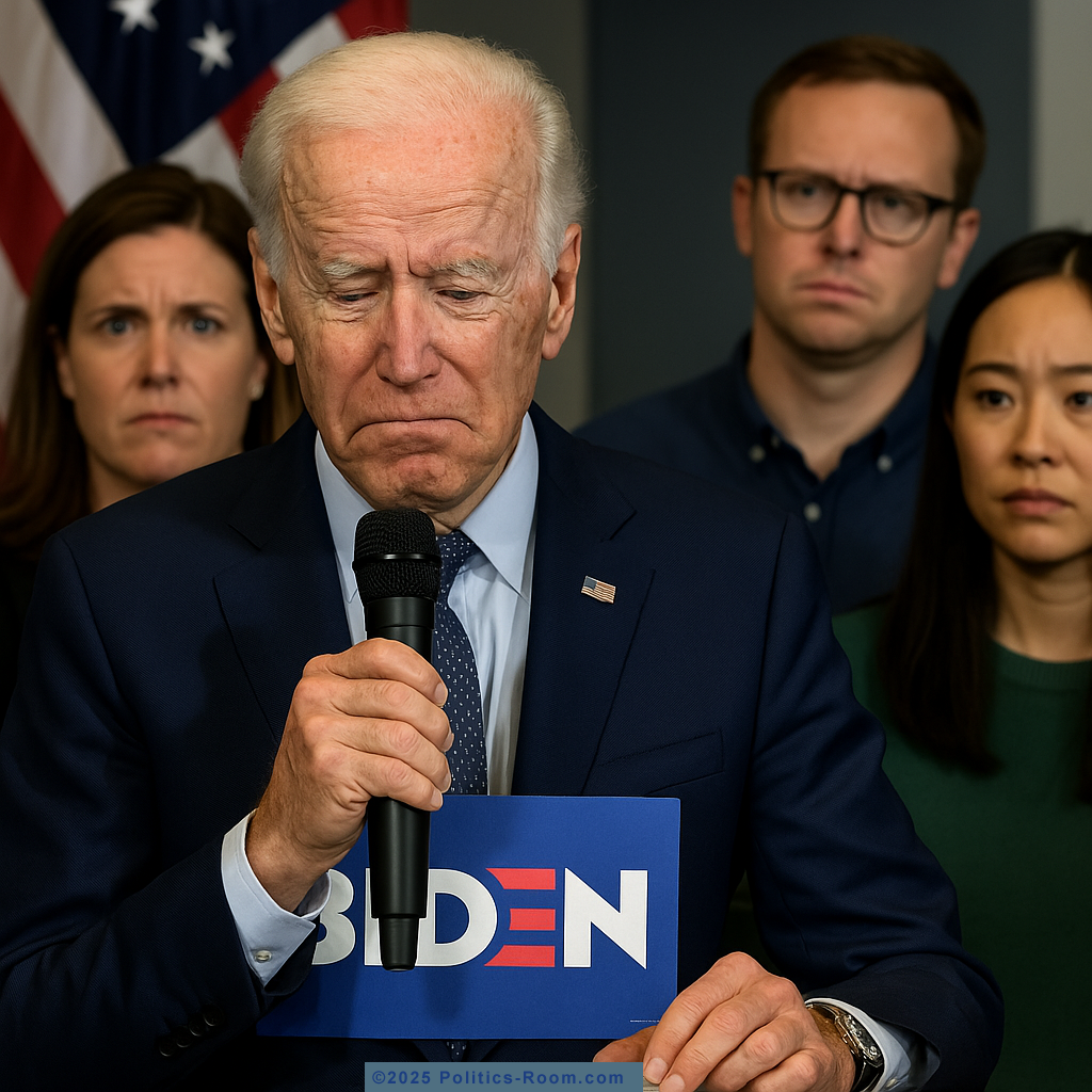Biden looking tired at a campaign event, with staffers watching concernedly