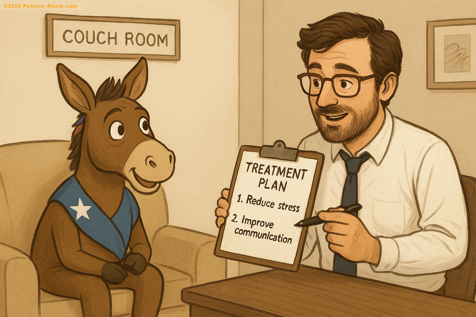 Dr. Bennett showing a treatment plan while the Democratic Donkey looks hopeful