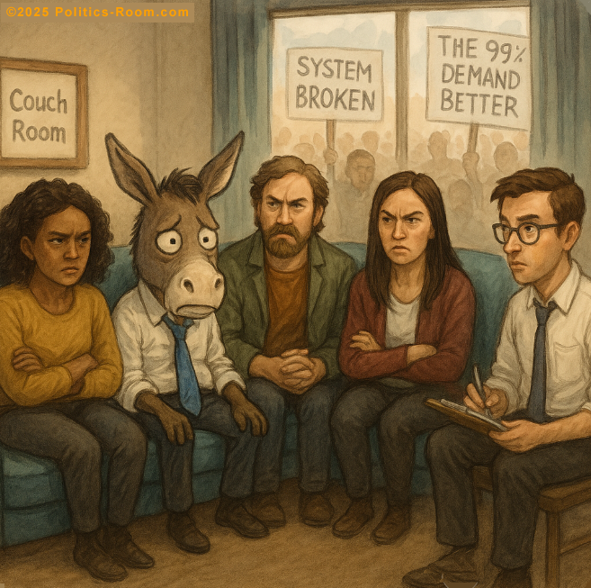 Symbolic imagery of a donkey on a therapy couch representing Democratic Party analysis