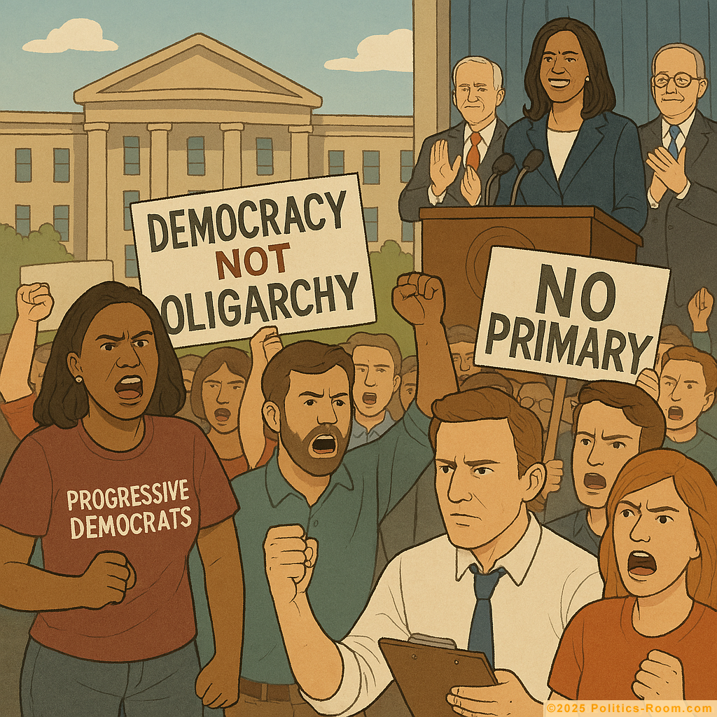 Progressive Democrats and grassroots activists protesting the non-competitive selection process