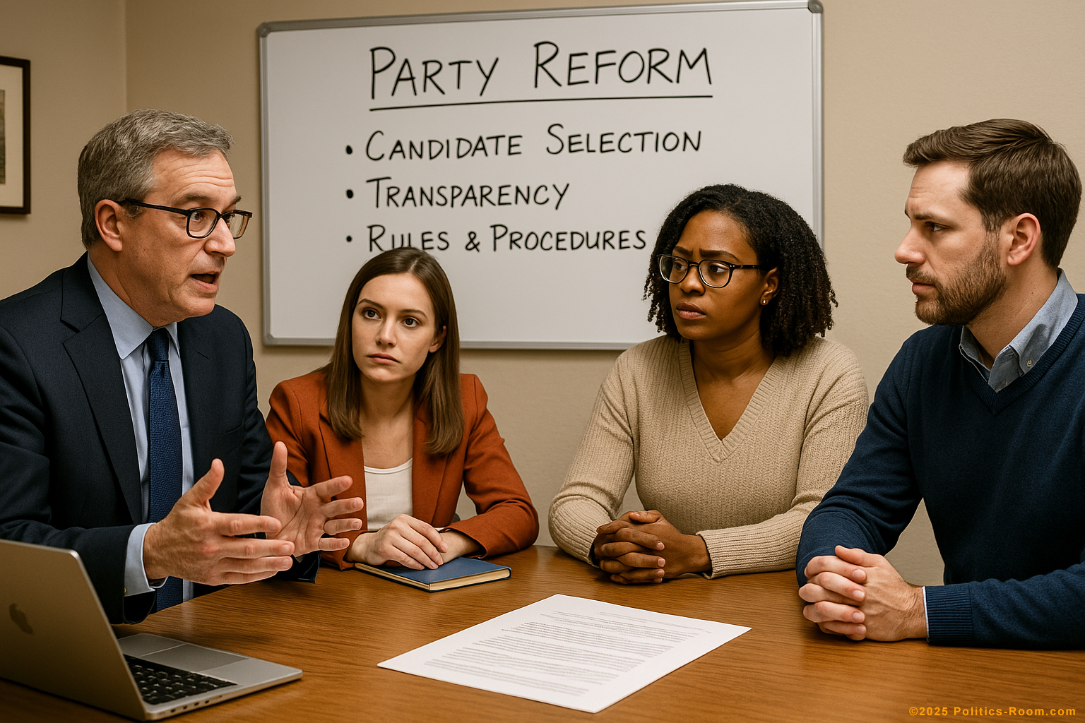 Democratic reformers discussing changes to party rules and procedures