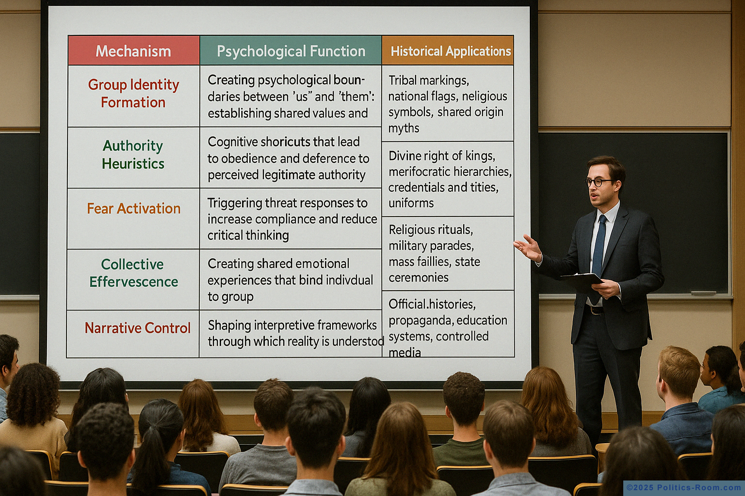 Professor Marcus Bennett standing at the front of a packed lecture hall with a slide displaying 'Psychology and History' behind him